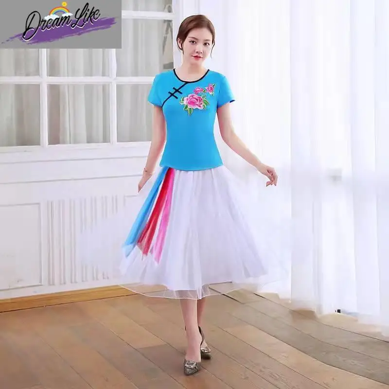 

Новый костюм для кадриль, костюм для народного танца, Fitn Dr Code, танцевальный костюм с веером, комплект Yangge T для социального танца