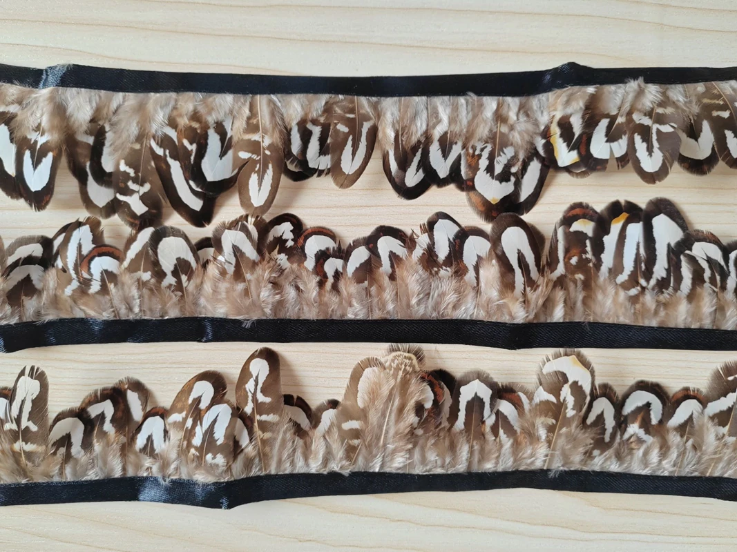 2M/10M  Natural Reeves Pheasant Feather Trim, Brown White Patterned Pheasant Plumage Fringe on Satin Tape for Costume Millinery