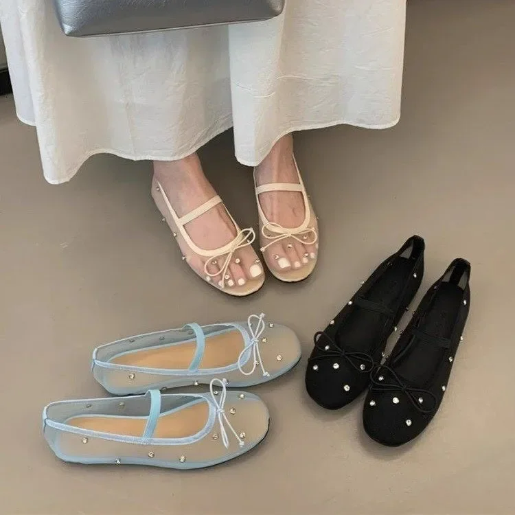 

2026 summer rhinestone embellished mesh ballet flats breathable round head bow casual shoes
