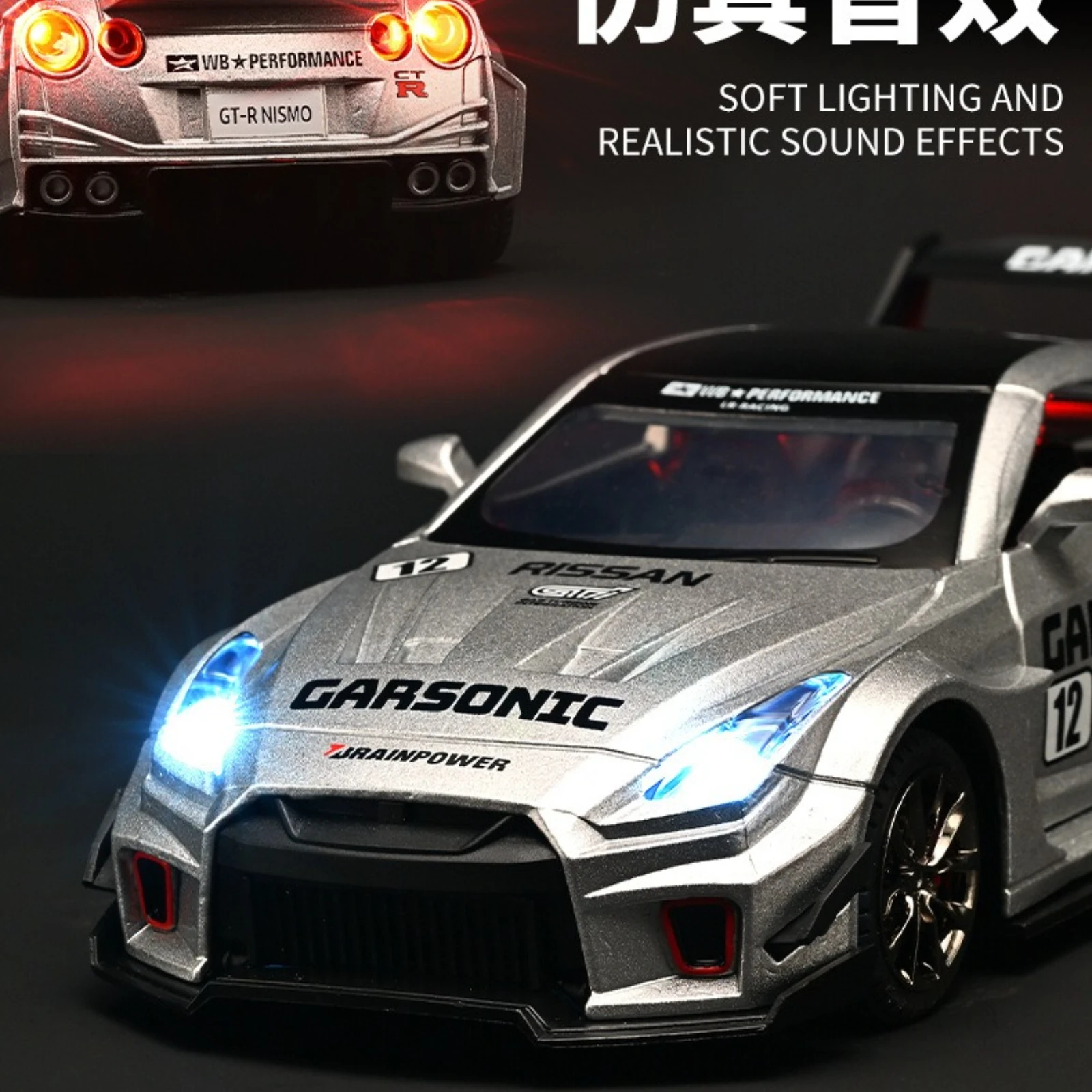 1:32 GTR liga modelo de carro esportivo puxar para trás som e luz escritório ornamento de mesa brinquedo do menino