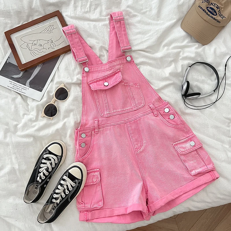 Fashion Cargo Denim Suspender Shorts Summer Double-pocket Jumpsuit Women Casual Wide-leg Straight Short Jeans