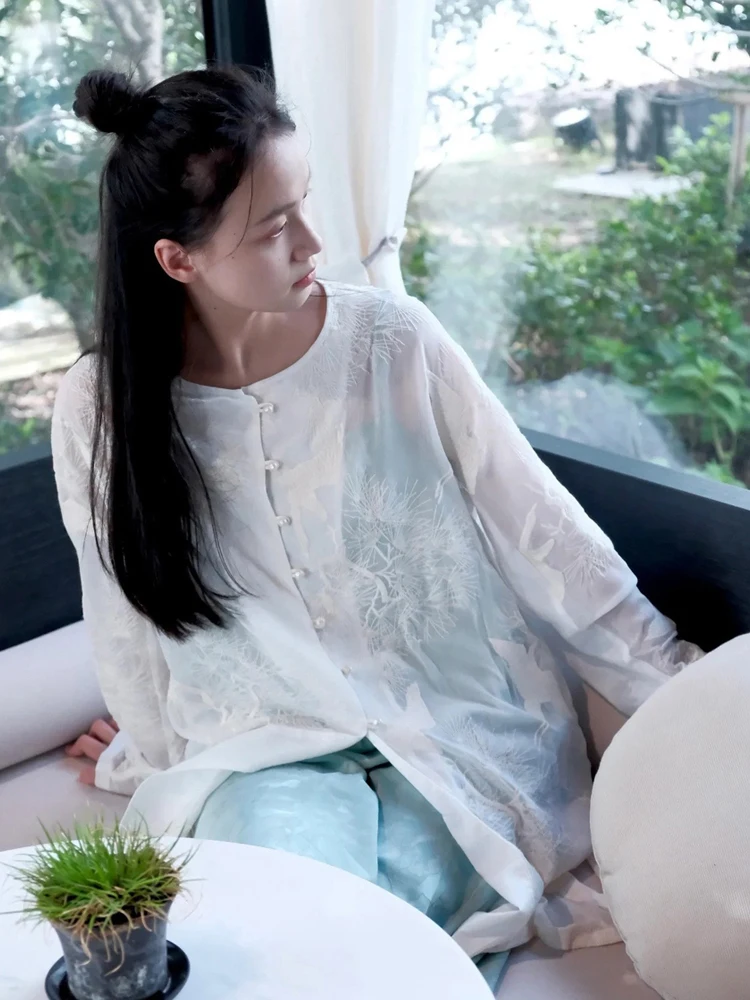 

Feiyu New Chinese Sle Set Silk Embroidery Sun Protection Strapl Dr Top Long Sve round Ne Mid-Length Straight Tube
