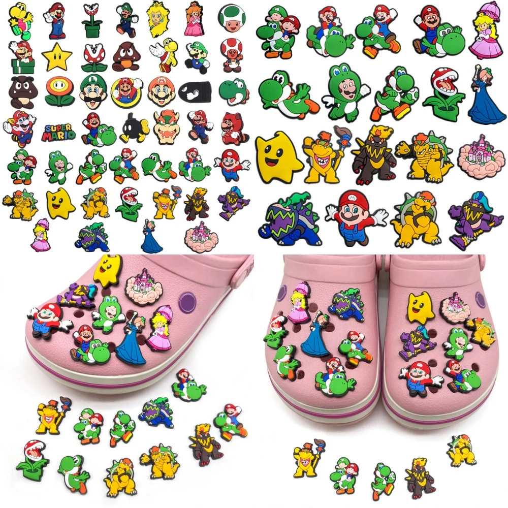 19/27/46PCS Hebillas decorativas para zapatos de Super Mario para Crocs. Decoraciones de PVC de alta gama para calzado de goma suave.