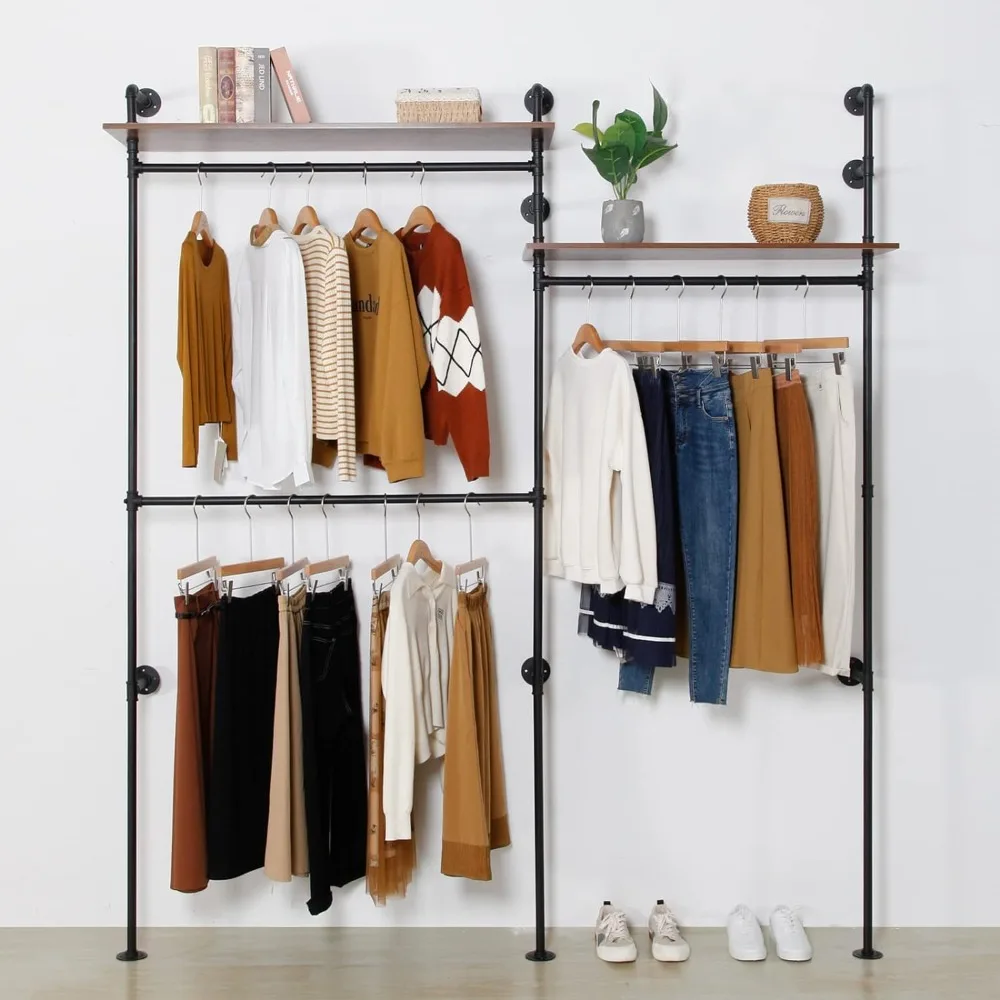 Industrial Pipe Clothing Rack with 2 Shelves, Clothes Rack Wall Mounted Heavy Duty Hanging Rack Clothing Store Display