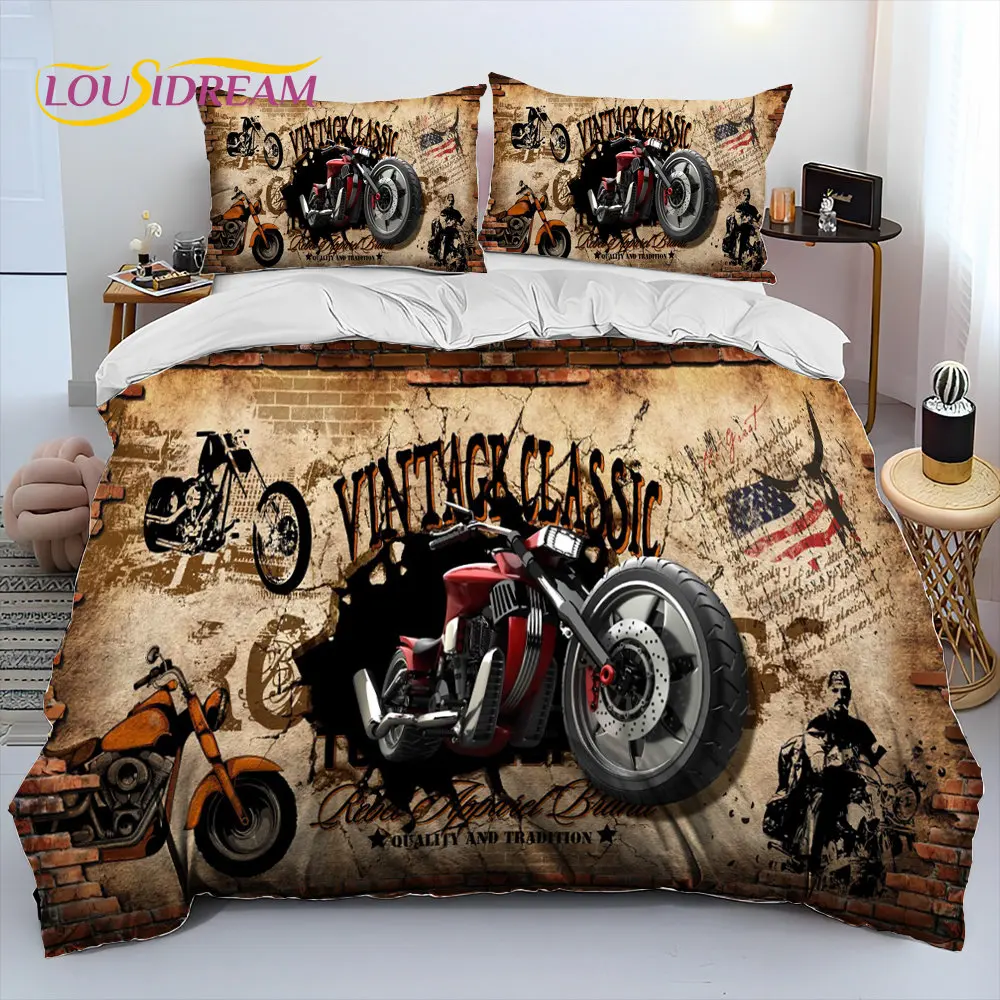 

3D Retro Vintage Motorcycle Comforter Bedding Set,Duvet Cover Bed Set Quilt Cover Pillowcase,King Queen Size Bedding Set Gift