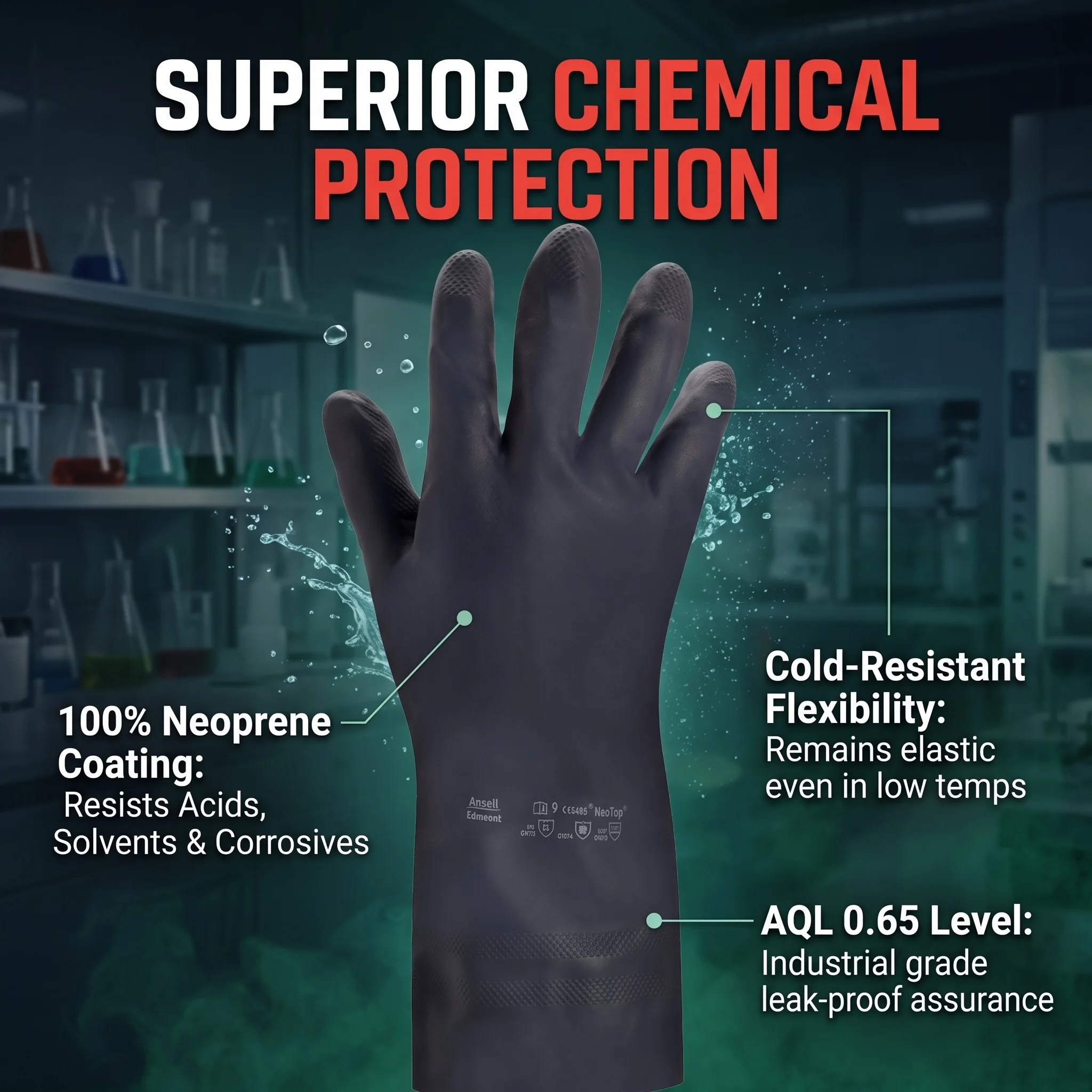 Ansell Neotop 29500 Chemical Resistant Gloves Heavy Duty Long Rubber Gloves Green Waterproof Work Gloves for Man Oil Resistant
