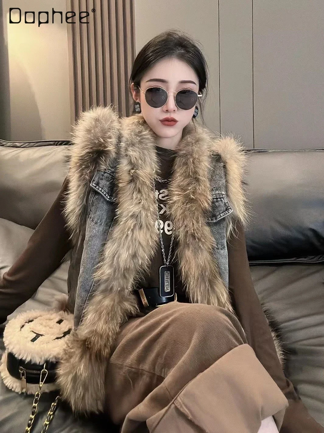 

Korean Style Fashionable Denim Stitching Raccoon Fur Vest Women 2023 Autumn Winter New Round Neck Sleeveless Waistcoat Coat