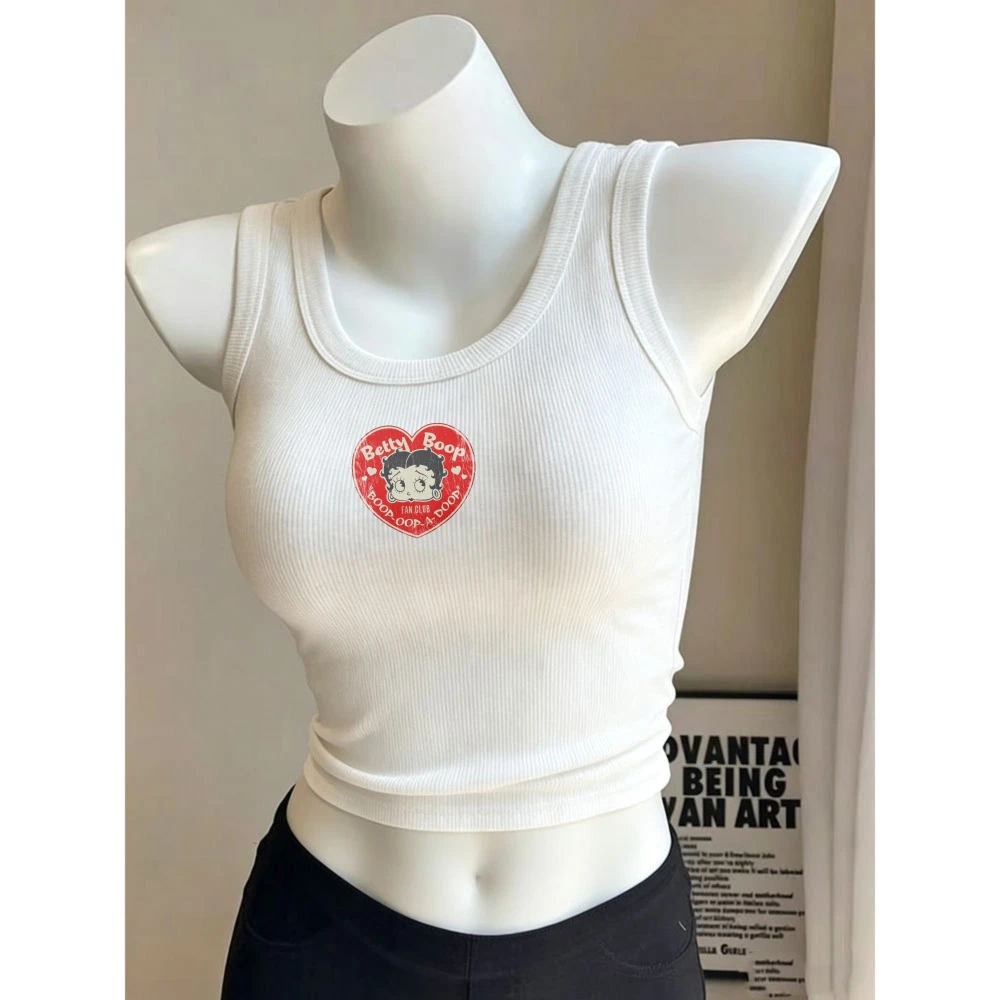 Women's Ribbed Crew Neck Cropped Tank Top Betty Heart Shaped Retro Cartoon Graphic Chest Print Slim Y2K Sleeveless Crop Vest