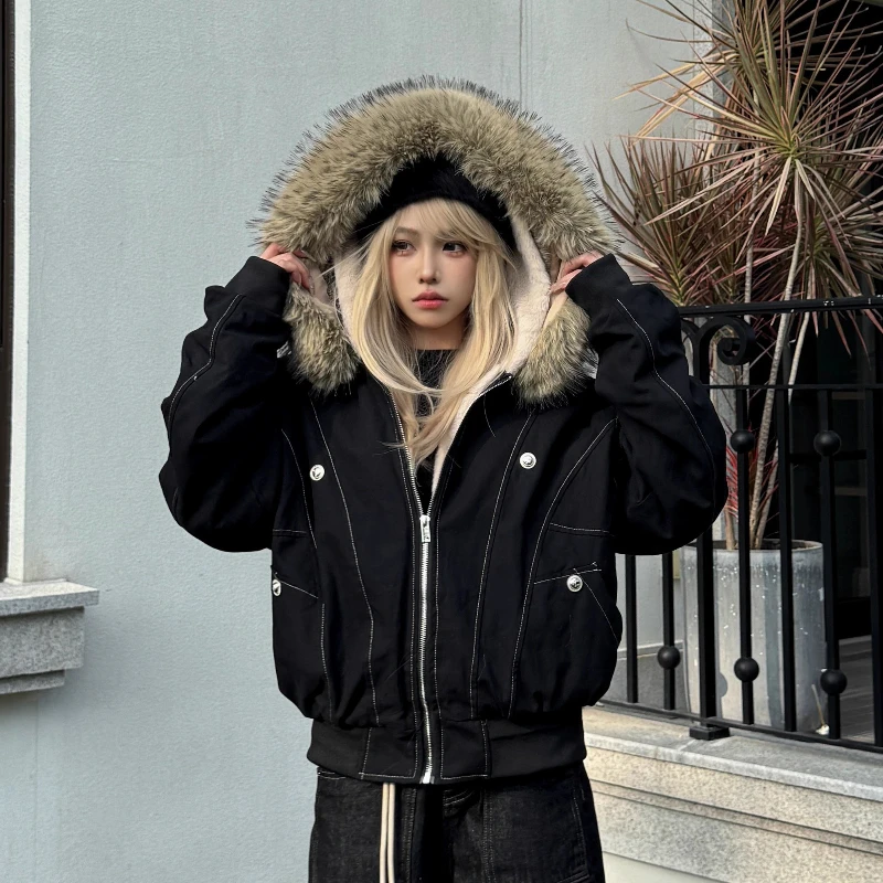 

New Winter Fur Collar Parkas Jackets Tops Women Vintage Thick Fleece Warm Coat Streetwear Harajuku Hip Hop Padded Jacket Outwear
