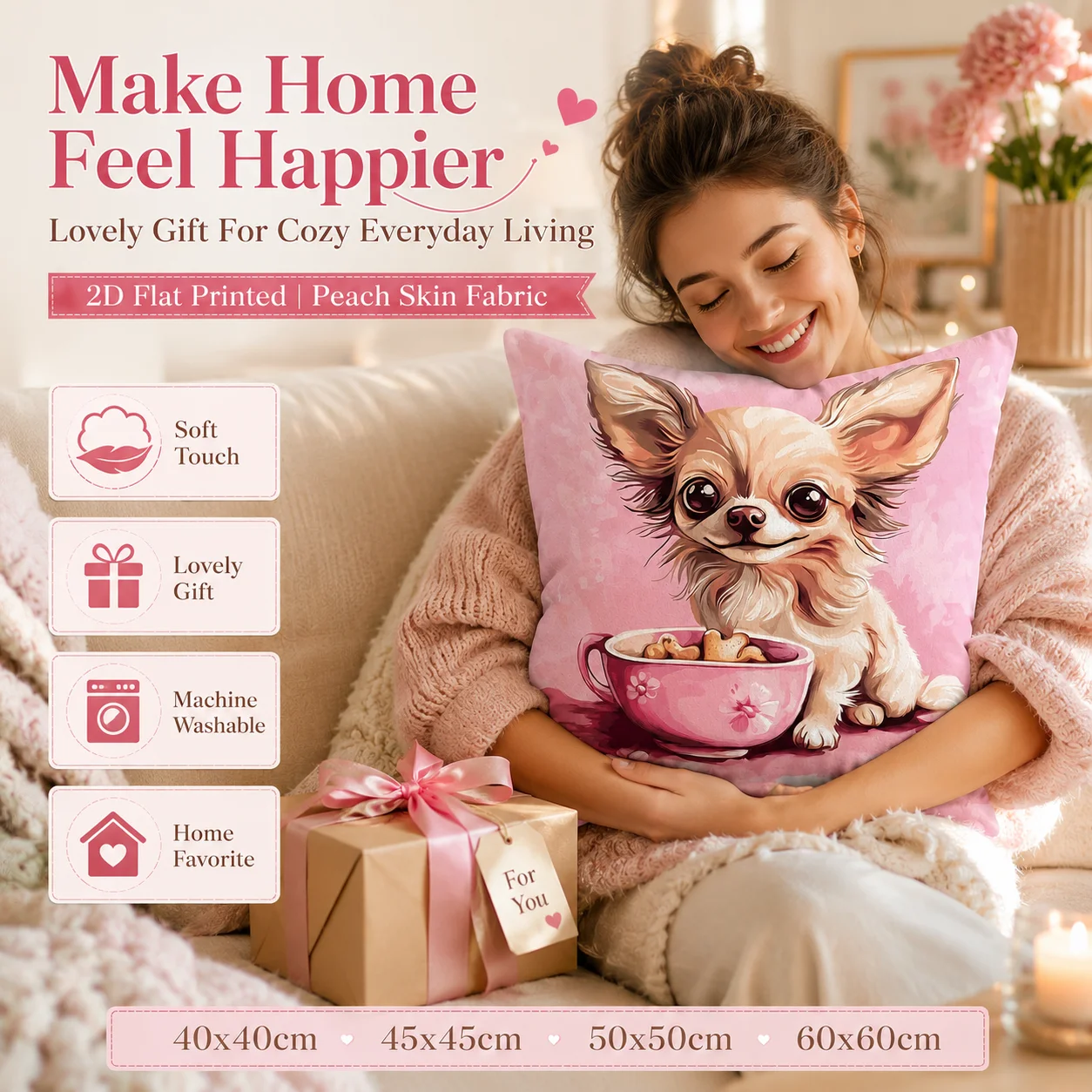 Cute Chihuahua Pink Teacup Peach Skin Pillowcase 2D Flat Printed Cartoon Dog Cushion Cover for Sofa Living Room Home Decor