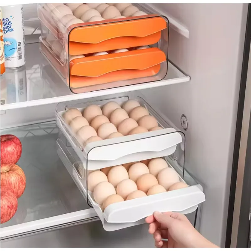 + Caja de almacenamiento de huevos de gran capacidad con 32 compartimentos, cajón tipo diseño de doble capa, ideal para conservación de huevos en el frigorífico