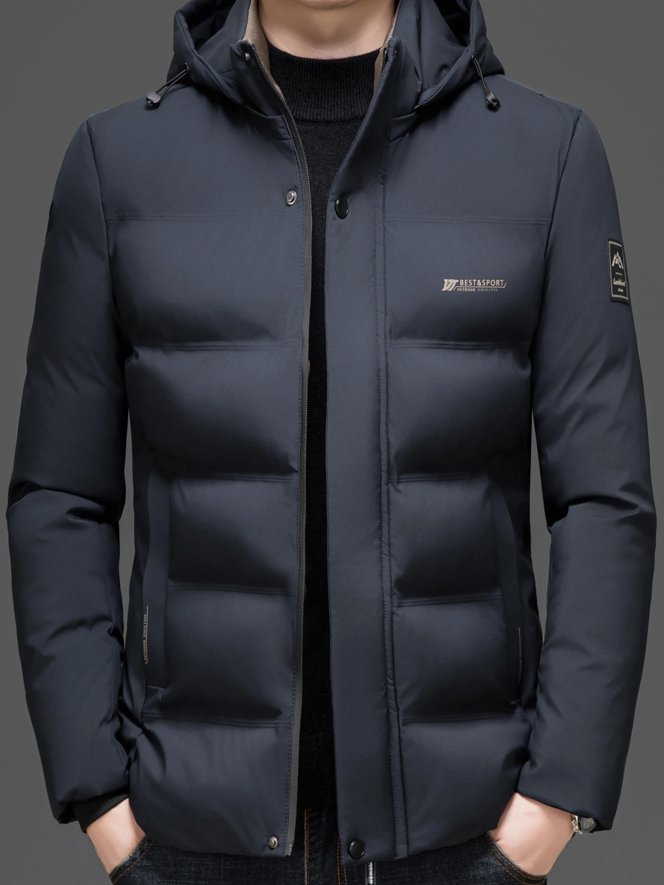 

Winter men's warm jacket, detachable hat, zipper, real pocket, heat gathering fashion jacket, casual sports top