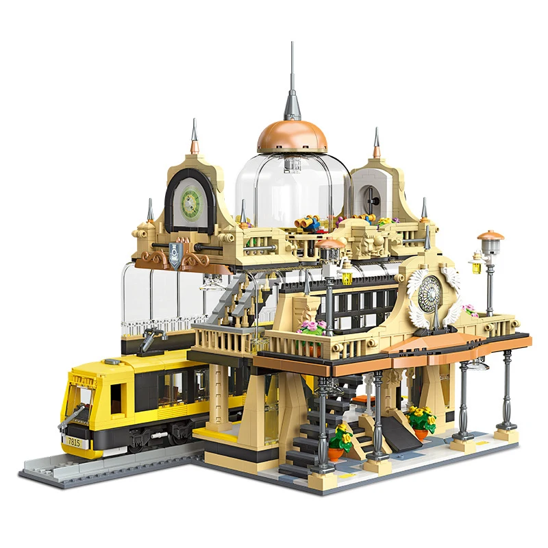 

MOC European Train Station Store Building Blocks Modern Gothic Architecture With Light Architecture Toys For Children Xmas Gifts