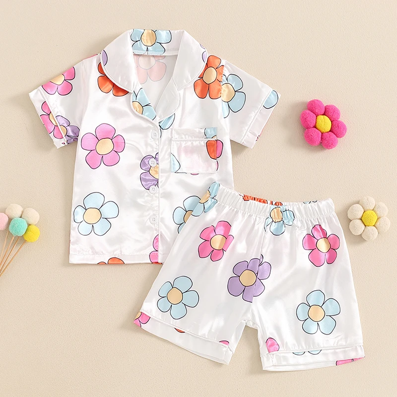 New Little Girls Floral Print Pajama Set Short Sleeve Lapel Neck Single Breasted Tops Elastic Waistband Shorts Outfits1-6 Years