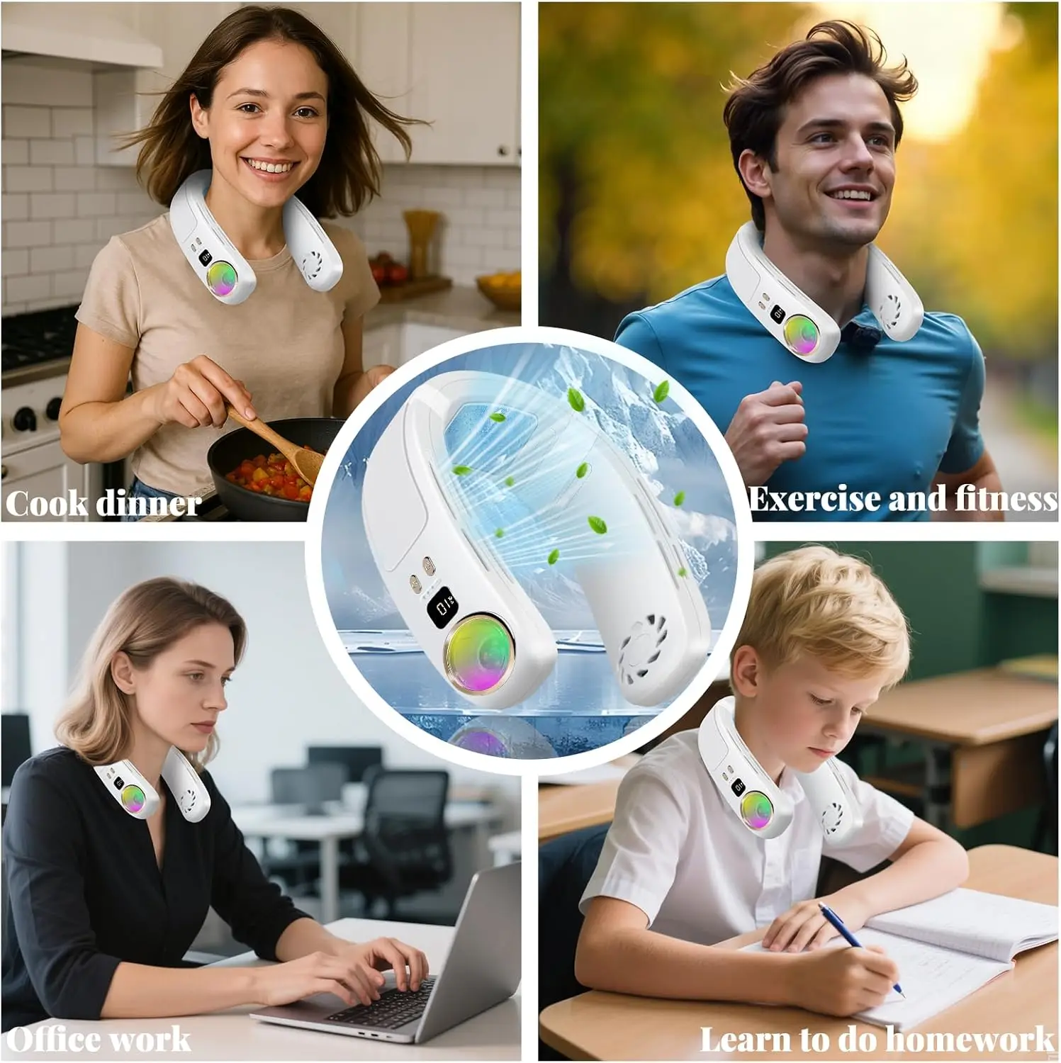 휴대용 에어컨은 차가운 공기를 불어 넣습니다. 여행용 충전식 휴대용 팬 Bladeless Wearable Personal Cooler