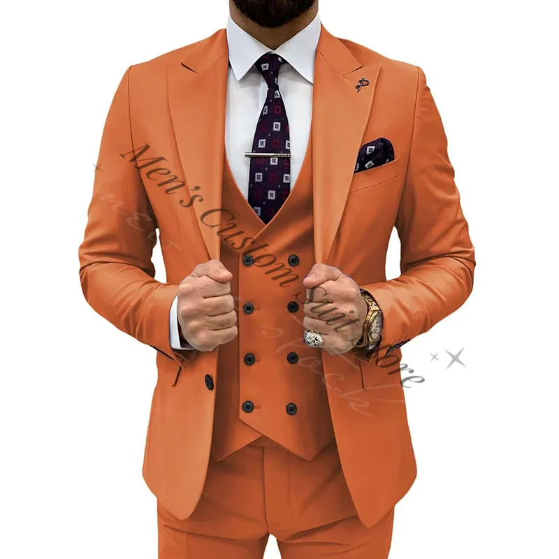 Orange Double Breasted 3 Pieces Suit Men Slim Fit Classic One Button Jacket Blazer Vest Pants Set Formal Wedding Tuxedo