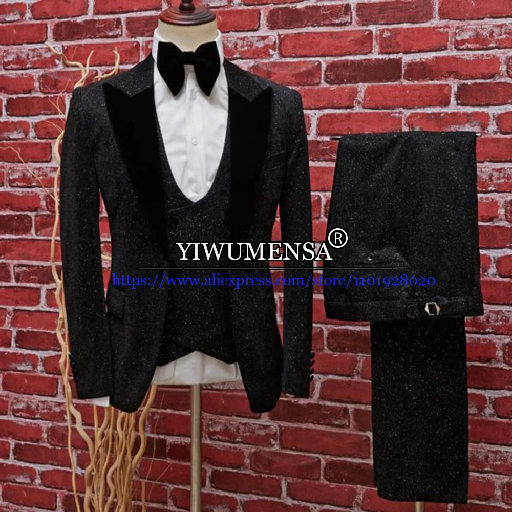 

Formal Men Suits For Wedding Grooms Blazer-Set Real Picture Black Velvet Lapel Shinny Tuxedo 3 Pieces Costume Homme De Luxe 2022