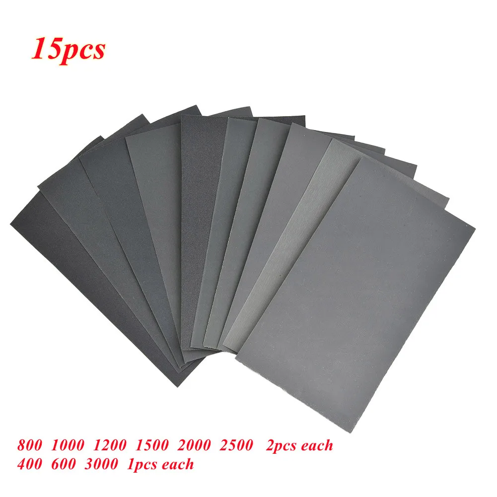 15pcs/Set Grit Sandpaper Wet/Dry 15pcs/Set 400 600 3000 800 1000 1200 1500 2000 2500 Silicon Carbide Automotive Tools
