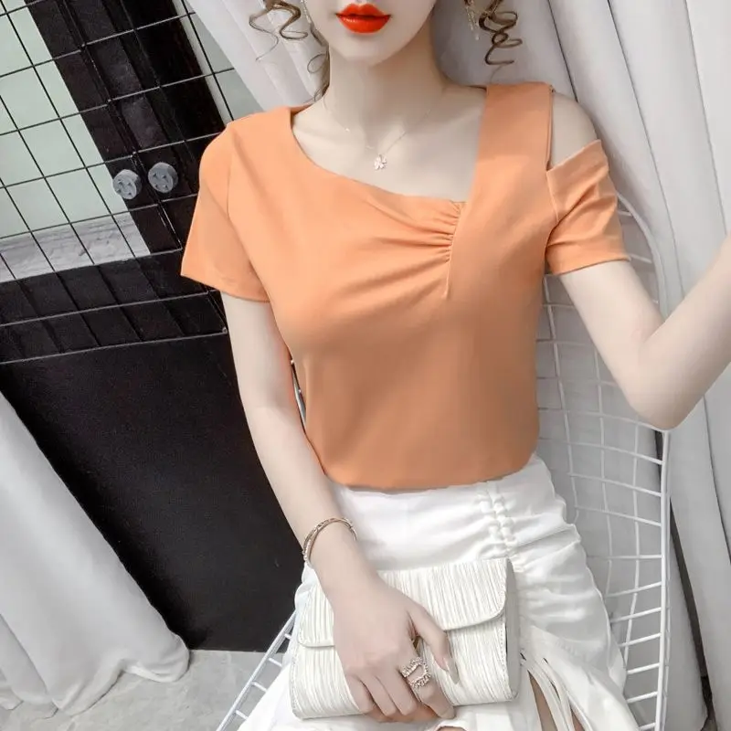 Women's 2024 Summer New Fashion Commute Solid Spliced Folds Irregular Skew Collar Off Shoulder Slim Short Sleeve T-shirts Tops