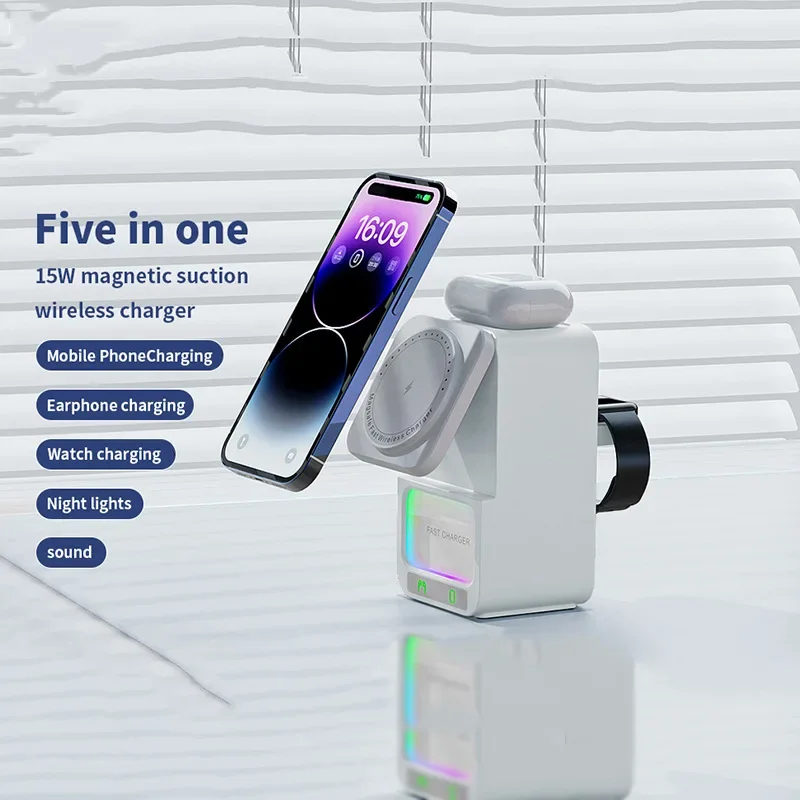 New 5 In 1 Magsafe Magnetic Night Lights Bluetooth Speaker Wireless Charger For iPhone iWatch Airpods Fast Charging Dock Station