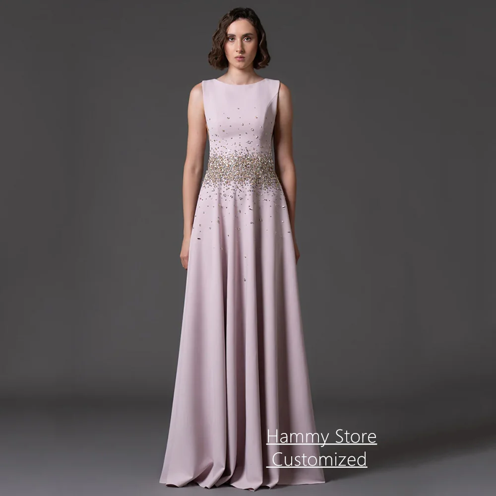 

Evening Dress Customized Round Neck Sleeveless Beading Sequined Sweep Train A Line Formal Prom Gown Arabian Party Dresses