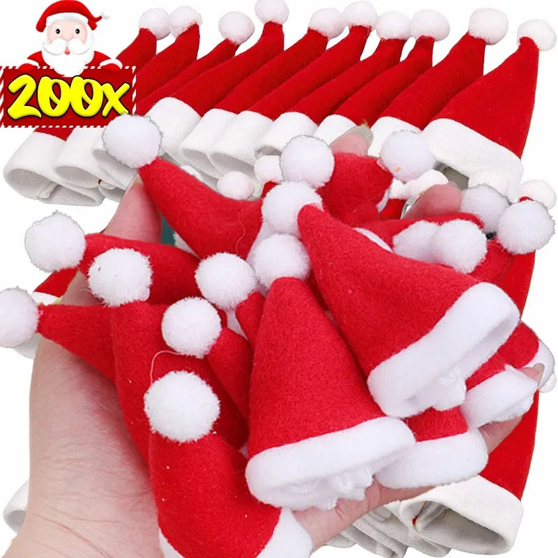 200/1PCS Mini Santa Hat Wine Bottle Covers Lollipop Bottle Tableware Holder Bags Fork Knife Cutlery Bag Christmas Cap Bottle Hat