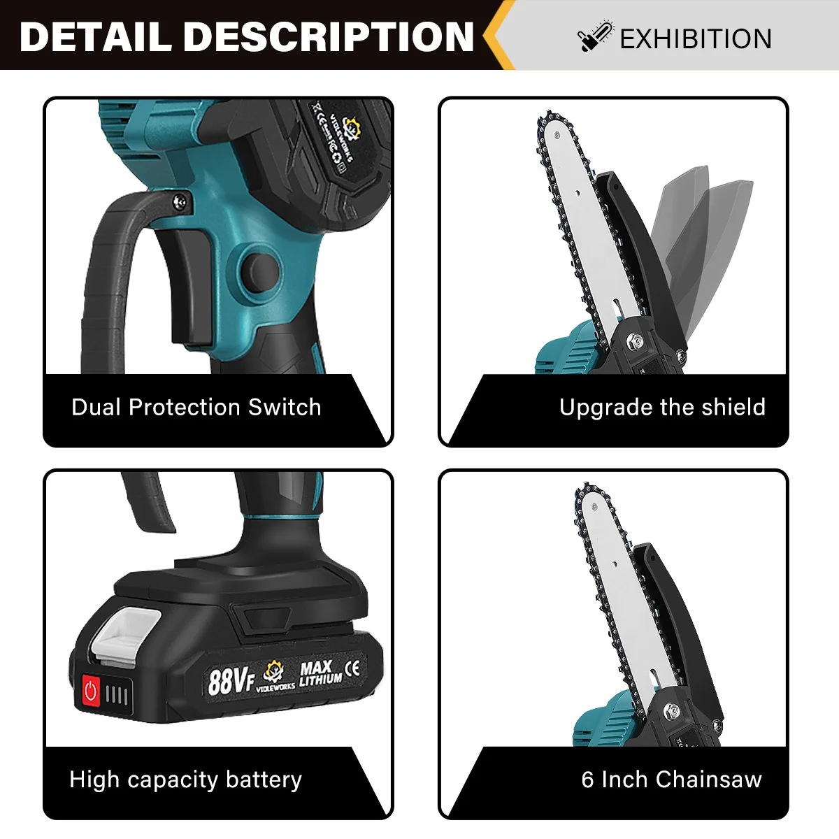 6Inch Electric Chainsaw Brushless Cordless Rechargeable Battery Woodworking Garden Woodworking Power Tool for Makita 18V Battery