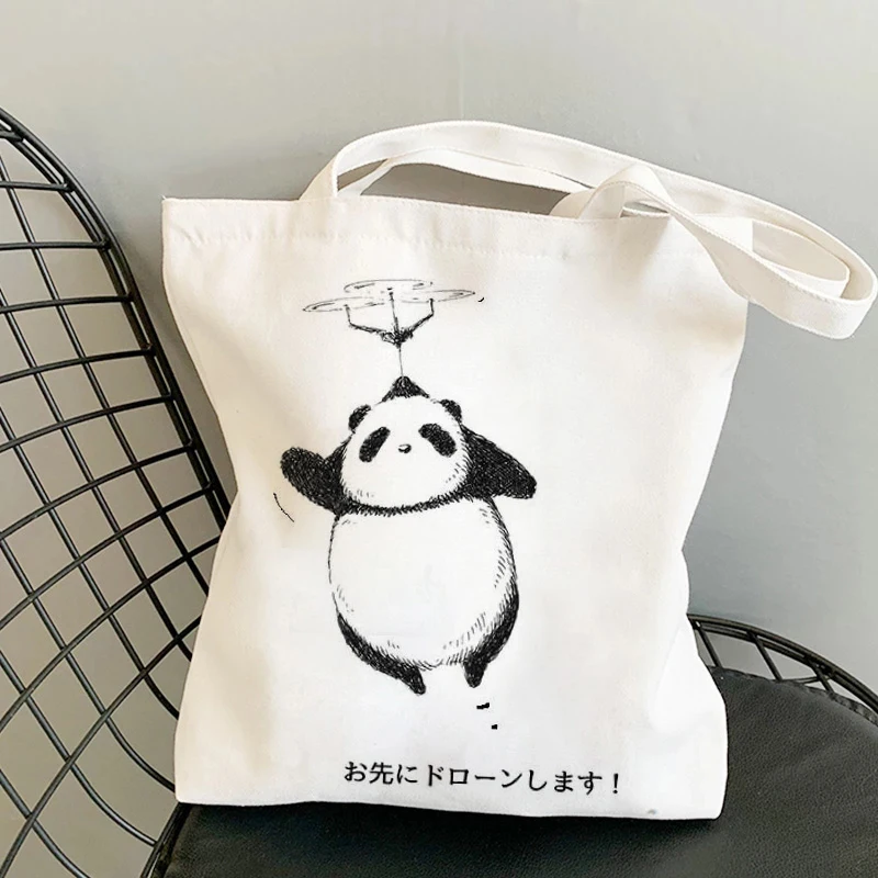 Retro Cute Panda Shopping Tote Bag Canvas Bag Handbag Environmental Protection Shopping Bag Shoulder Bag Female Punk Casual Scho