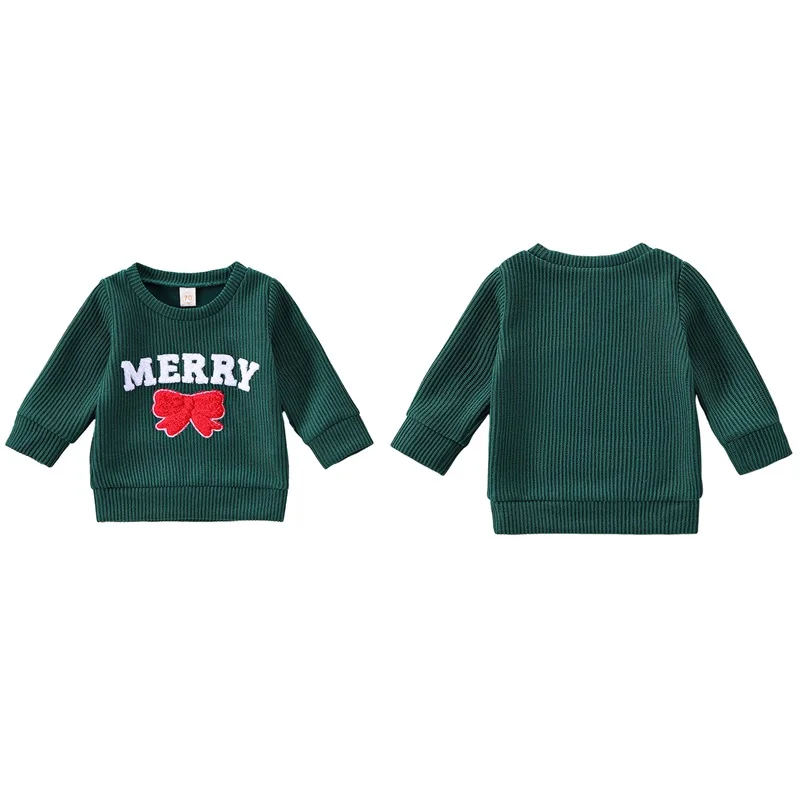 Sudadera de Navidad para niñas pequeñas, jersey de manga larga con cuello redondo, letras bordadas y lazo, Tops