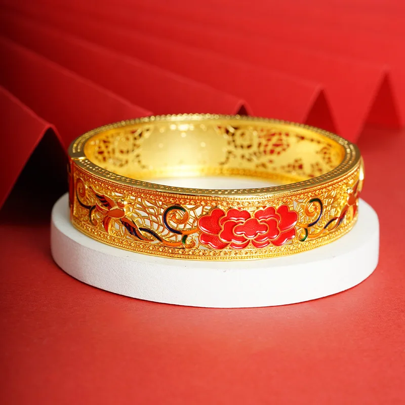 Cynlo Jewelry Hollow Filigree Enamel Peony Open Bracelet Women 24K Gold AU999 - Classic peony, lively filigree, durable enamel