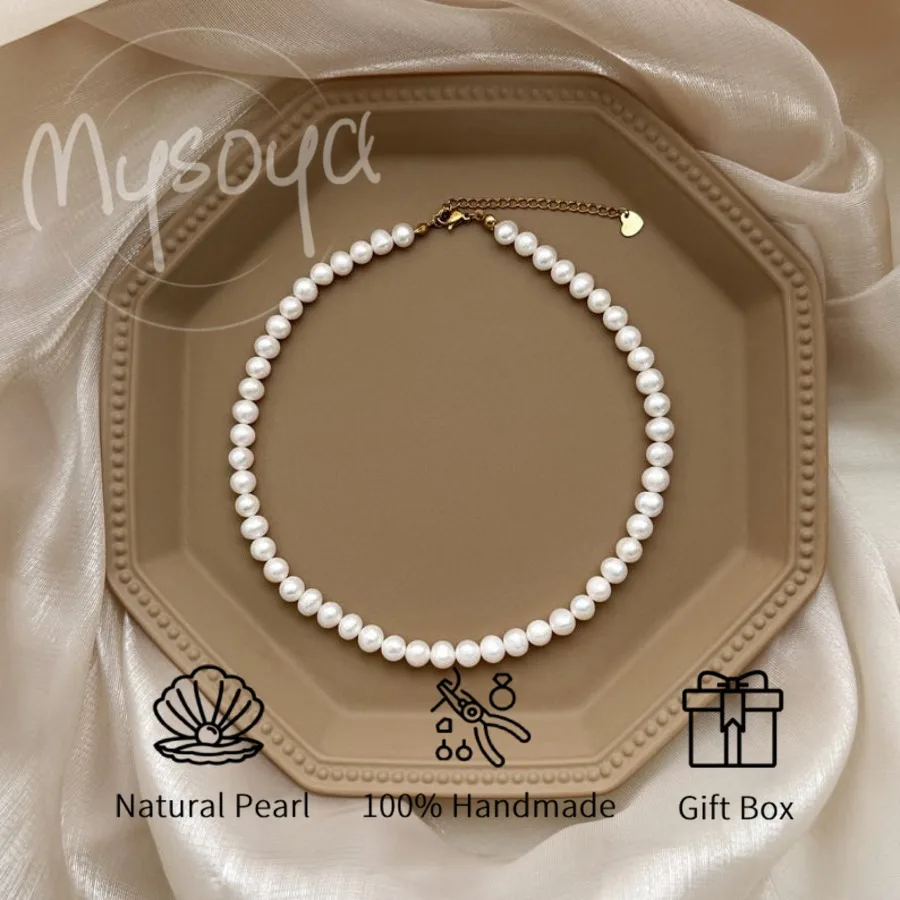 

MYSOYA White Freshwater Pearl Necklace 7-8mm with Gift Box for Him/ Her Suitable for Daily/ Birthday/ Wedding/ Anniversary
