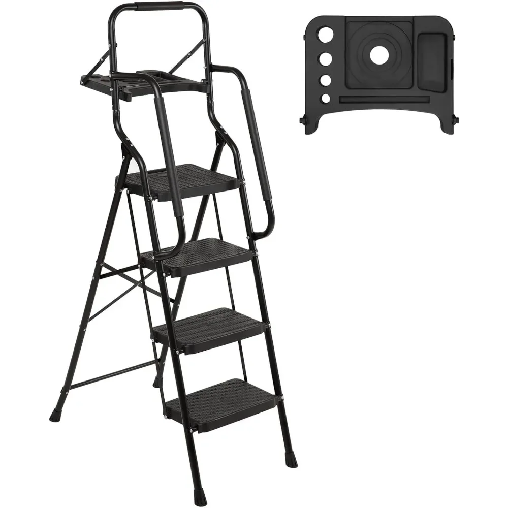 

4 Step Ladder with Handrails Folding Step Stool with Tool Plateform, 330 lb Capacity Step Stools for Adults Portable Ladder