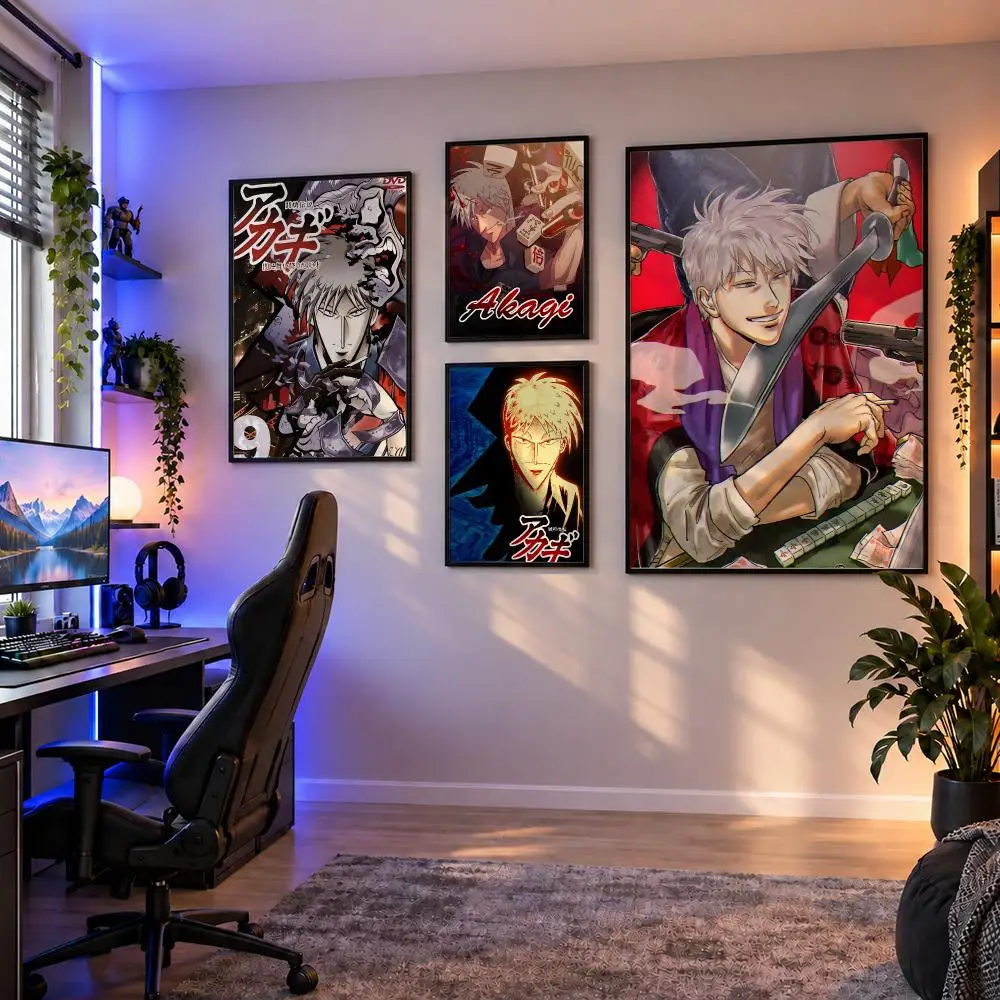 Anime Akagi Shigeru Mahjong Gambling Poster Wall Art PP Waterproof HD Self Adhesive Modern Home Decor Living Room Apartment Gift