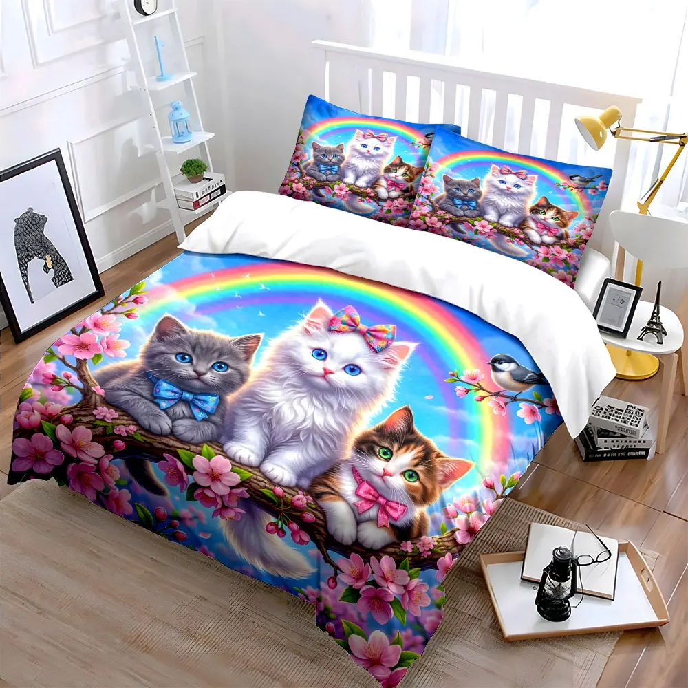 Three bow-tied kittens on blooming tree Print Bedding Set 1 Duvet Cover 2 Pillowcases for Adult and Children Luxury Gift