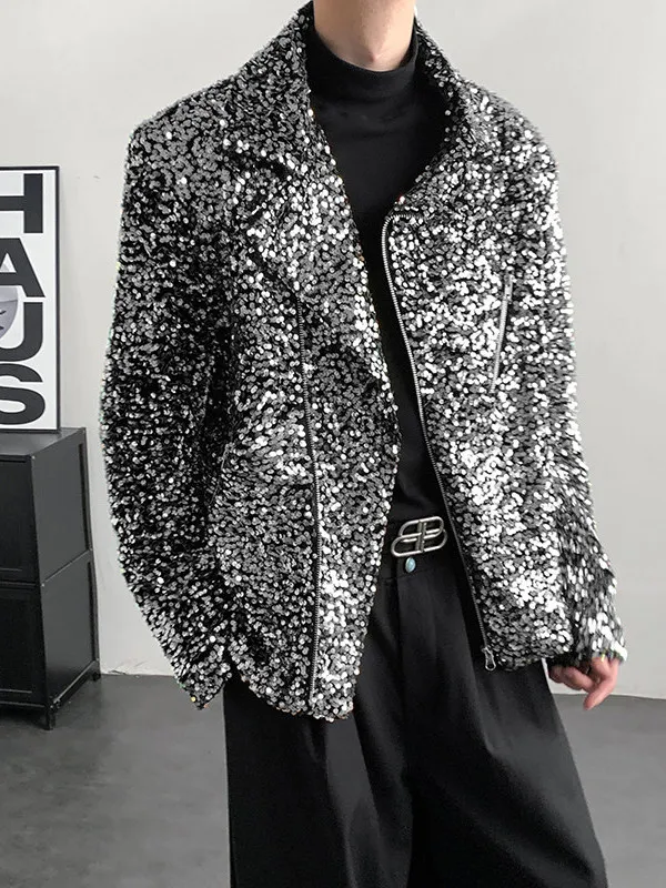 

Tangz Studio Casual Biker Sle Jaet Glittering Stage Performance Coat ex Spring Faion Outerwear ort Sve Long Sl...