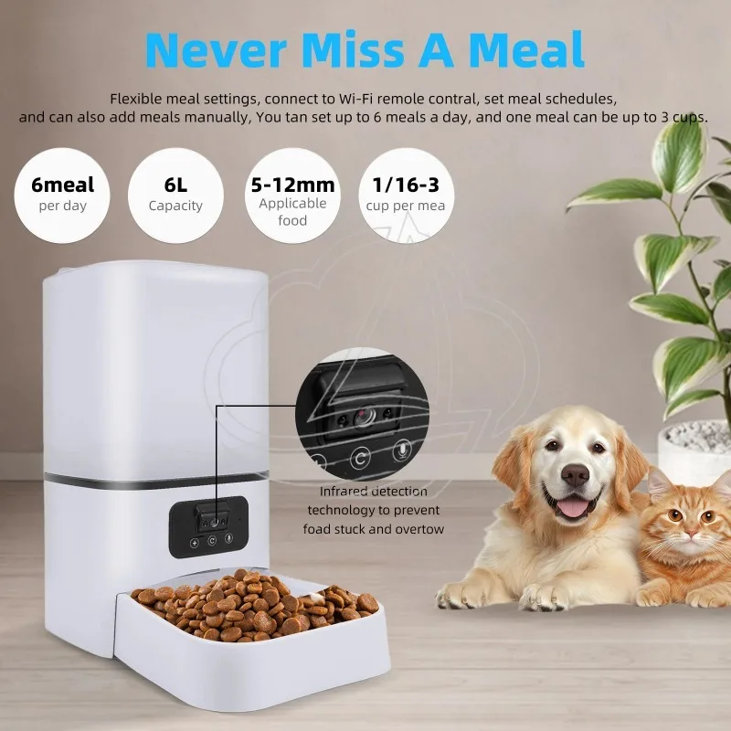 6L Smart Pet Feeder, Night Vision Camera & Voice Recording, Auto Dry Food Dispenser for Cats Dogs