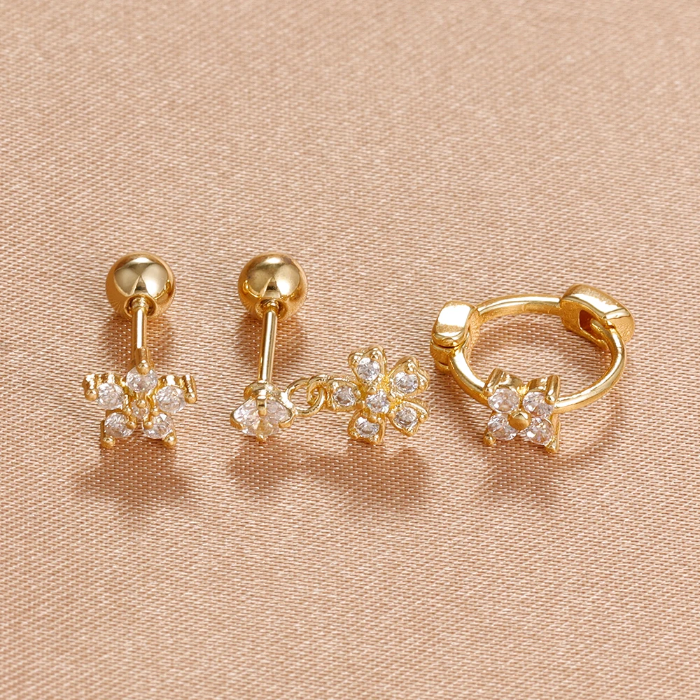 جديد وصول الفولاذ المقاوم للصدأ زهرة الزركون الغضروف ثقب طقم من الحلقان للنساء 14K مطلية بالذهب قرط الاذن المرصع مجوهرات فاخرة