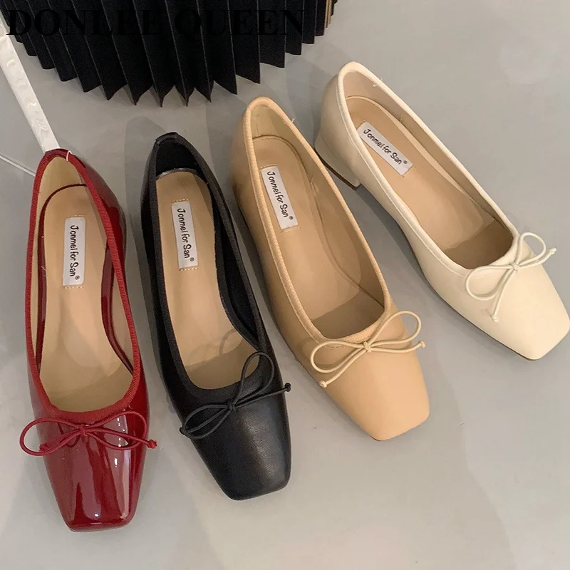 French Square Toe Bow Flats Shoes 2023 New Autumn Shallow Fairy All-match Gentle Office Dress Low Heels Pumps Female Ballerina