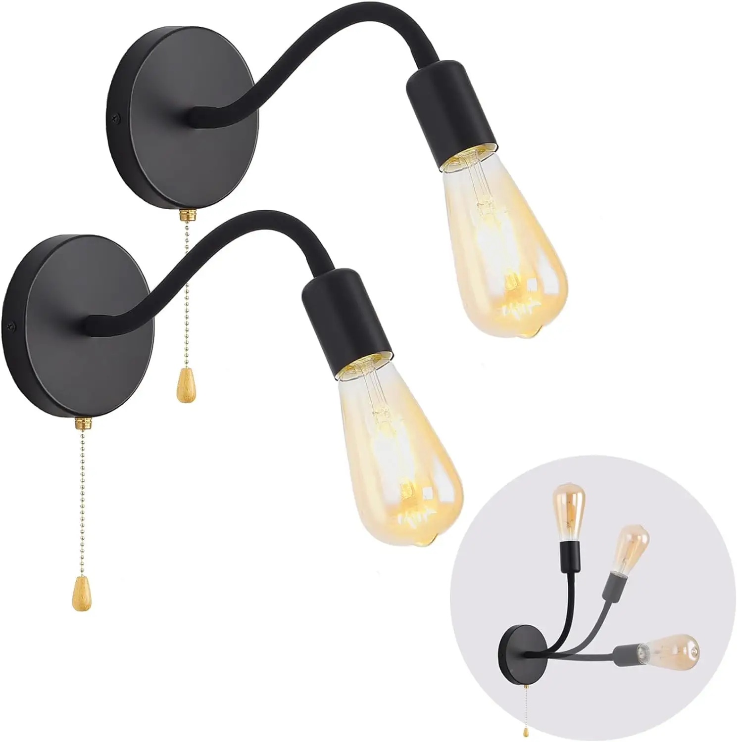 

Pull Chain Wall Sconces Set of Two with on Off Switch, Black Adjustable Flexible Gooseneck 360° Hallway Wall Light Fixtures, E26