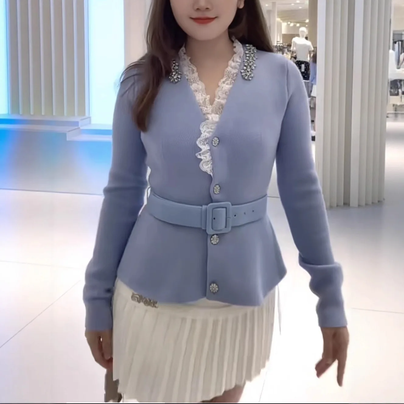 Mulheres rendas diamante malha cardigan jaqueta com decote em v temperamento moda casaco