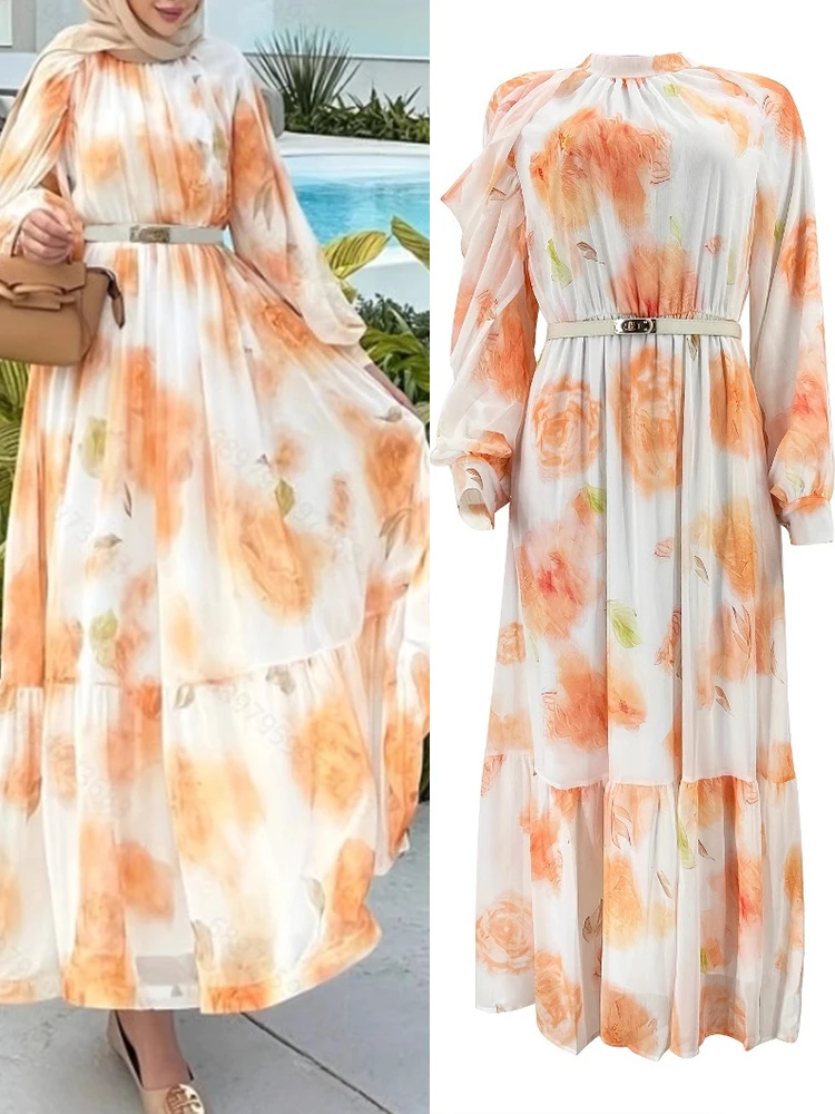 

Eid Women Dress Muslim Flower Print Jalabiya Abaya Ramadan Dubai Vestidos Largos Party Dresses Arab Long Robe Morocco Kaftan