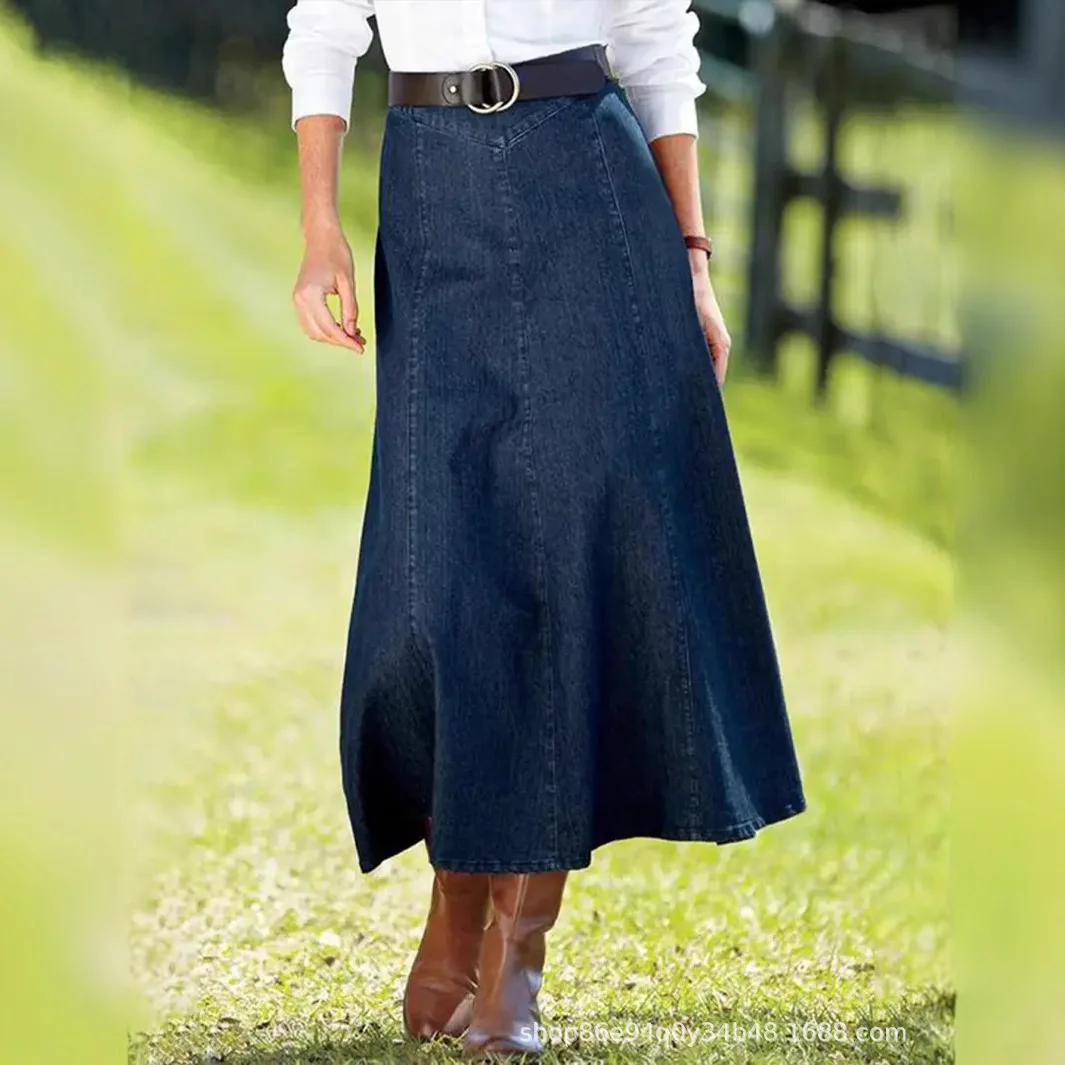 

Европейская и американская свободная джинсовая юбка с высокой талией для женщин. Новая модная и повседневная длинная юбка трапециевидной формы на весну и лето