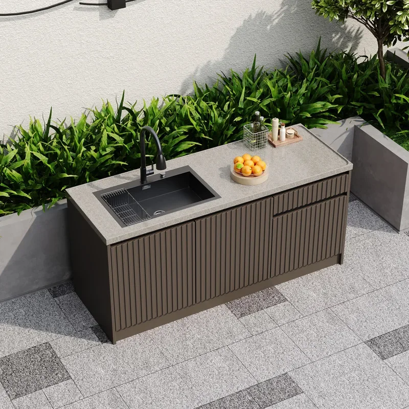 Outdoor Marble Wash Basin Console Villa Courtyard Stone Vegetable Sink with Aluminum Alloy Locker