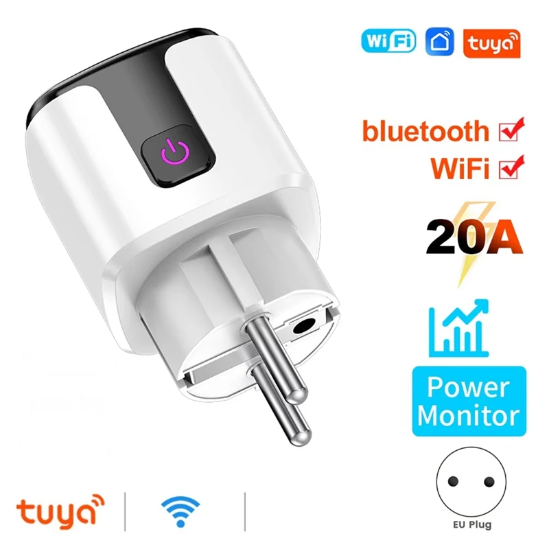 20A Smart Socket Tuya Wifi Smart Plug Power AC100-240V Outlet Alexa Home Voice Timing Socket Tuya Smart Life EU PLUG