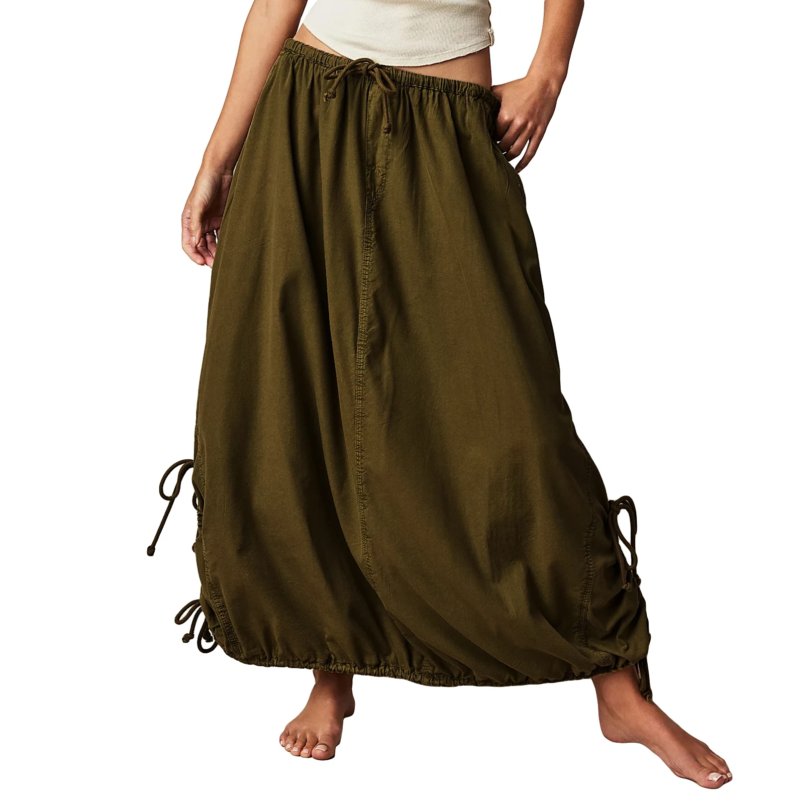 

2024 Spring Women's Fashion Stretch High Waist Slim A-Line Long Skirts Casual Drawstring Loose Bottom Cargo Skirt with Pockets