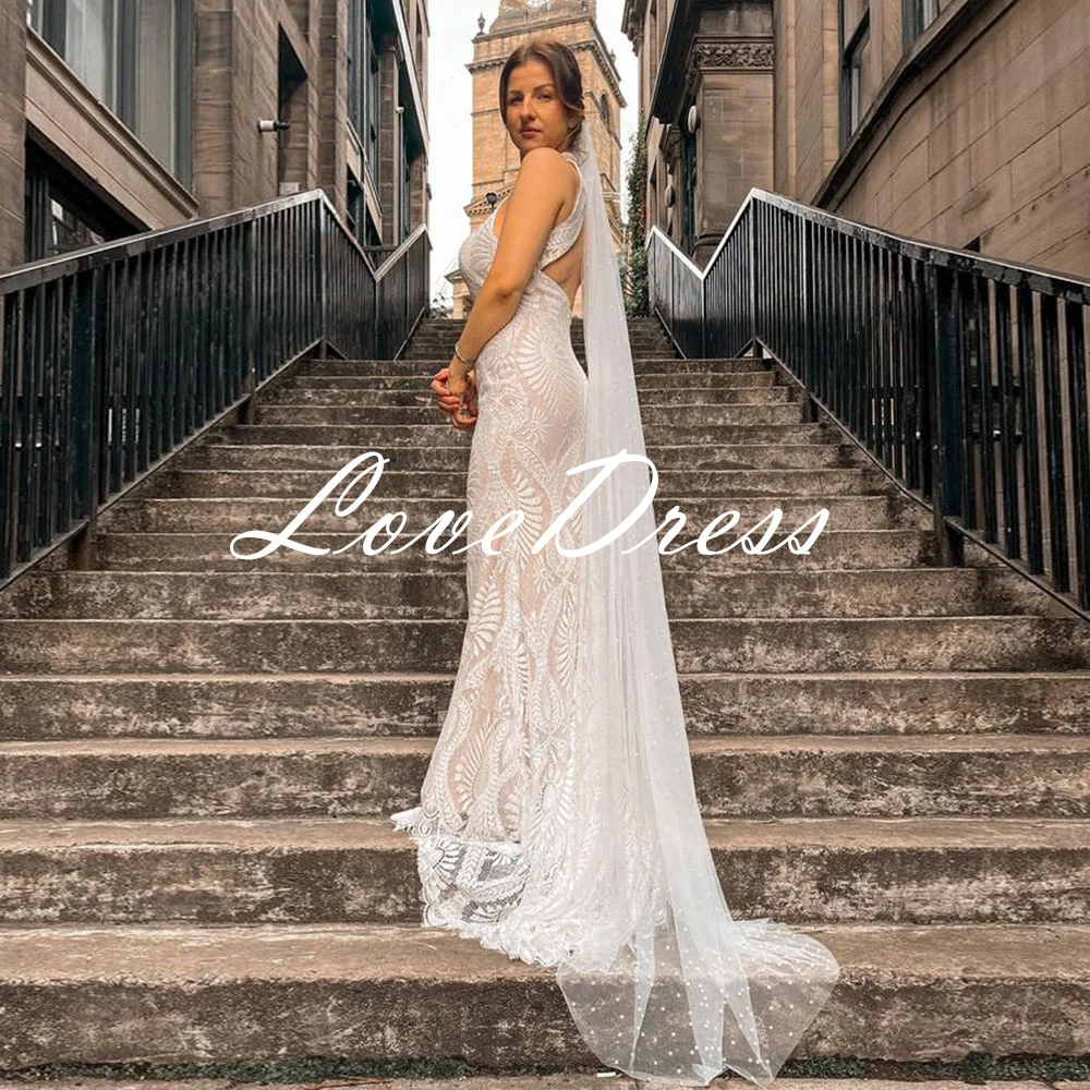 LoveDress-Vestido de casamento boho para mulheres, gola halter, sereia, sexy, sem costas, renda, sem mangas, vestidos de casamento