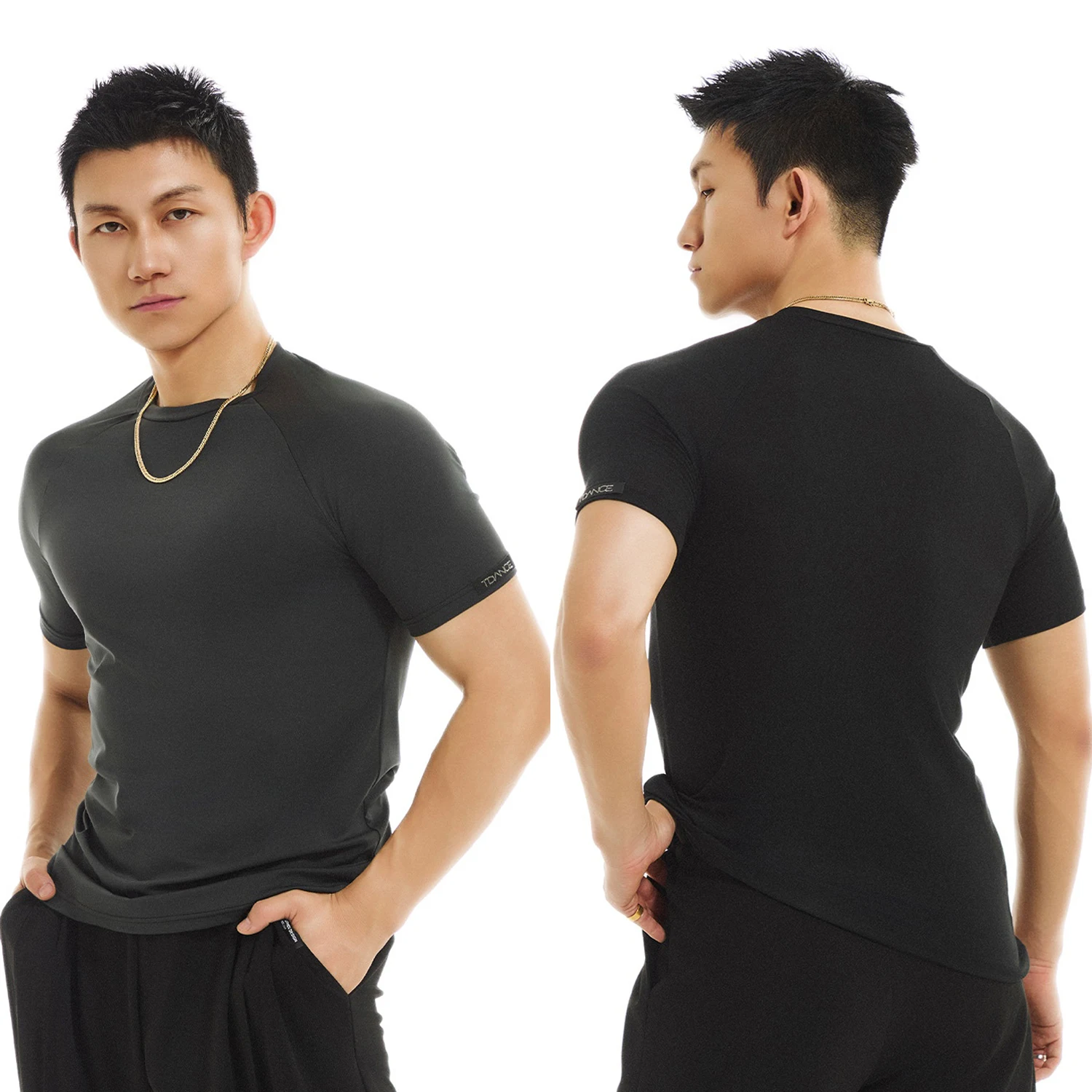 

Summer Men Latin Dance Training Clothes Practice Tops Short Sleeves Round Neck Black Slim Fit Tops Adult Sport T Shirt DNV23598