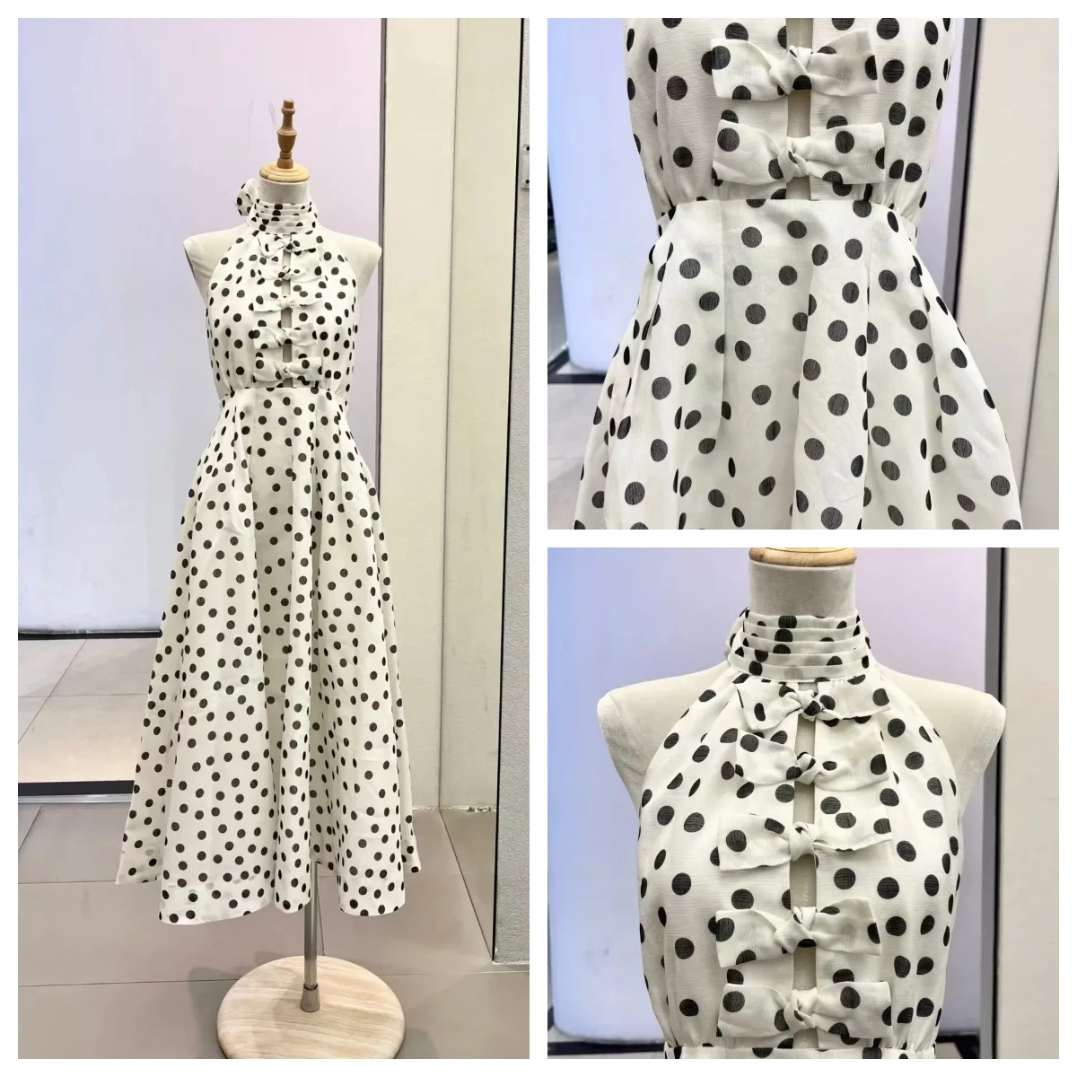 

Fashionable and Unique Polka Dot Designed Dress with Cutout Chest Bow Decoration Waist Slimming Tie Long Dress for Women