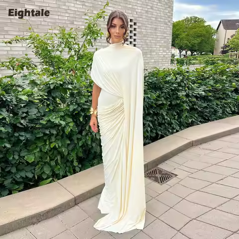 Eightale Arabic Evening Dress O-Neck Cap Sleeves Customized Pleats Stretchy Mermaid Wedding Party Dress Vestido De Noche