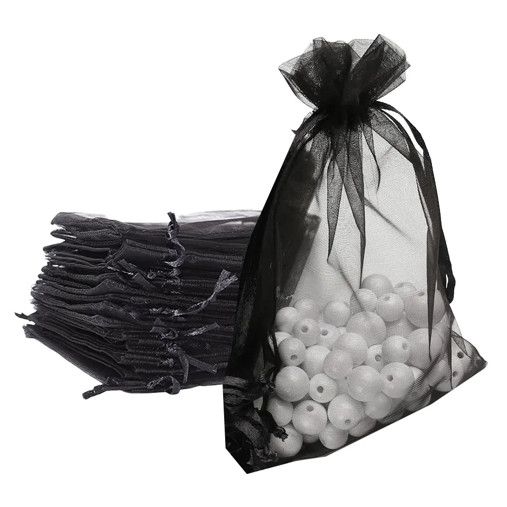 50pcs Black Drawstring Organza Jewelry Pouches Wedding Party Christmas Favor Gift Bags For Bead Display Storage Packaging